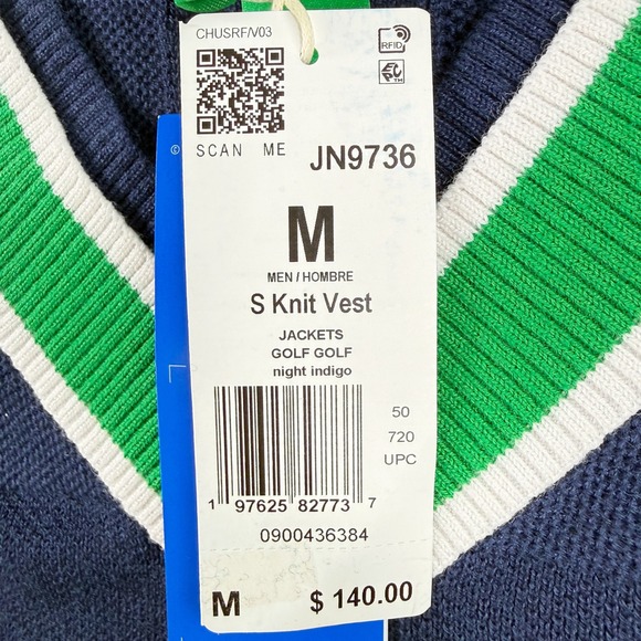 Adidas V Neck Sweater Golf Club Size M Mens Indigo/Green Preppy Knit JN9736, NWT - Picture 3 of 8